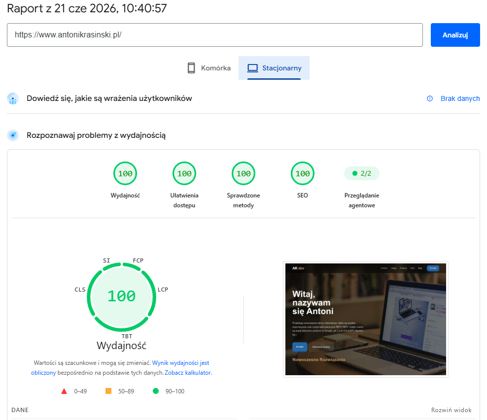 Wynik testu PageSpeed Insights dla strony akdev.pl 100 puntów wydajności
